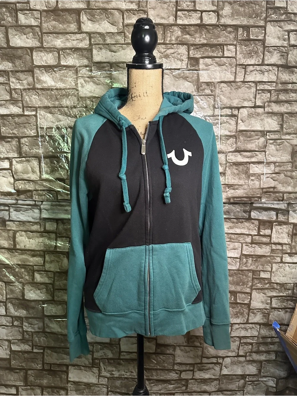 True Religion Teal and Black Zip-Up Hoodie